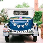 Just Married Car Window Decal & Just Married Bunting Banner Bundle, Konsait Just Married Car Sticker (7×23in) with Garland Banner for Wedding Honeymoon Car Decoration Newlywed Wedding Gift
