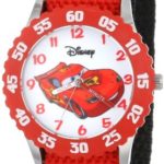 Disney Kids’ W001003 “Time Teacher” Cars Lightning McQueen Stainless Steel Watch with Red Nylon Strap