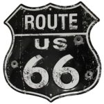 Black Route 66 Vintage Metal Sign with Bullet Holes – Distressed Reproduction of the Old U.S. Rt. 66 Shield