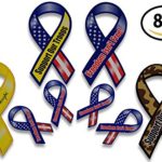 Support Our Troops Patriotic Military Car Magnets Set includes 4 Large and 4 Mini Ribbons in Yellow Camouflage and American US Flag Designs for a Total of 8 Magnets