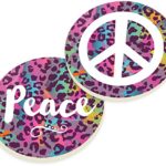 Colorful Animal Print Peace Sign 2 Piece Ceramic Car Coaster Set