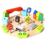I’m a Toy Town and country 24 pieces Wooden Stacking Playset with Cars Trees and Road Signs Pretend to Play Toy