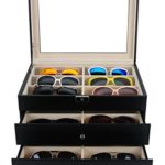 18 Piece Large Black Carbon Fiber Eyeglass Sunglass Three Level Glasses Display Case with Drawer