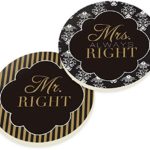 Mr Right Mrs Always Right Damask Striped 2 Piece Ceramic Car Coasters Set