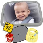 Baby Car Mirror For Viewing Infant In Crystal Clear View At All Angles Enhanced Visibility Matte Finish Stable & Safe Design – FREE Car Sun Shades, Baby On Board Sign And Baby Bib Included