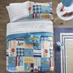 8pc Boys Transportation Patchwpork Plaid Comforter Full Set, Fun Train Train Bicycle Airplane Pattern Bedding, Car Bus Stop Sign Light Stripe Themed Blue Red