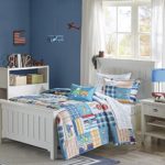 8 Piece Boys Transportation Patchwpork Plaid Comforter Full Set, Fun All Over Train Train Bicycle Airplane Pattern Bedding, Car Bus Stop Sign Light Stripe Themed Blue Red