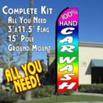 100% HAND CAR WASH (Multi-colored) Flutter Feather Banner Flag Kit (Flag, Pole, & Ground Mt)