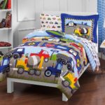 5pc Boys Blue Green Factory Trucks Comforter Twin Set, Yellow Red Road Work Pattern Cement Dump Trucks Police Car Scooters Airplanes Road Signs Zeppelin Design Kids Bedding Cozy Teen Themed Cotton