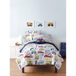 7 Piece Boys Multi Color Transportation Themed Comforter Set Full With Sheets, Cars Fire Trucks Road Signs Bus Excavator Cement Mixer Printed, Vibrant Red Yellow Green Blue Kids Bedding, Polyester