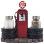Vintage Gas Station Filling Pump Salt and Pepper Shaker Set with Decorative Car Tires & Route 66 Sign for Restaurant or Retro Kitchen Decor Spice Racks as Classic Car Style Father’s Day Gifts for Dad