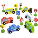 Imagination Generation 15-piece Busy City Wooden Street Signs & Work Cars Playset with Slotted Wood Storage Box by