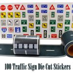 Fun Road Tape for Car Toys, 2 Rolls of 33’x2.4”, BONUS 100 Die Cut Traffic Sign Stickers for Playing and Learning, Perfect to Keep Your Kids Away from Screens, Develop Their Imagination and Memory