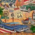 CSFOTO 7x7ft Background For Vintage Route 66 Poster Wall Backdrop Photographic Retro Hand Drawn Picture Motel Car Road Sign Weathered Wood Floor Children Baby Photo Studio Props Vinyl Wallpaper