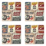 Lunarable 1950s Coaster Set of Four, Vintage Car Signs Automobile Advertising Repair Vehicle Garage Classics Servicing, Square Hardboard Gloss Coasters for Drinks, Multicolor