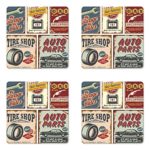 Lunarable 1950s Coaster Set of Four, Vintage Car Signs Automobile Advertising Repair Vehicle Garage Classics Servicing, Square Hardboard Gloss Coasters for Drinks, Multicolor