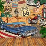 Laeacco 5x7ft Vinyl Backdrop Photography Background Vintage Route 66 Poster Wall Hand Drawn Picture Motel Car Road Sign Weathered Wood Stripes Floor Backdrop Photographic Studio Props Children Baby