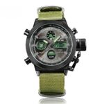 Men ‘s Big Face Stainless Steel Sports Watch Quartz Analog Digital Waterproof Military Watch Green Canvas Strap
