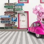 Leowefowa Vinyl Sweet Baby Shower Portraits Background 3x5FT Vintage Pink Car with Balloons White Wood Door RoadSign Shabby Stripes Floor Photography Backdrop for Video Girls Kids Photo Studio Prop