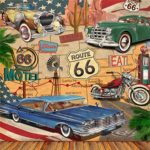 AOFOTO 6x6ft Vintage Car Route 66 Backdrop Retro Motel Poster Photography Background Classic Signs Old Filling Station Tire Service Historic Motor Vehicle American Photo Studio Props Vinyl Wallpaper
