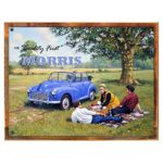 Wood-Framed Quality First Morris Minor Metal Sign: Automobiles and Cars Decor Wall Accent on reclaimed, rustic wood