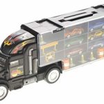 Toy Truck Transport Car Carrier – Includes 6 Toy Cars, Stop Signs and Barriers, 28 Toy Car Slots, 2 Way Plastic Lid, Detachable Front Cab, Handle to Carry – Great Car Toys Gift for Boys and Girls