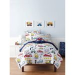 DP 5pc Boys Color Transportation Themed Comforter Set Twin Sheets, Cars Fire Trucks Road Signs Bus Excavator Cement Mixer Printed, Polyester, Vibrant Red Yellow Green Blue Kids Bedding