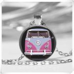 Dandelion Vintage Pink Hippie Peace Sign Van,Photo Pendant Necklace,Hippy Bus Car, Collectors Jewelry,Glass Pendant