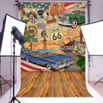 Laeacco 3x5ft Vinyl Backdrop Photography Background Vintage Route 66 Poster Wall Hand Drawn Picture Motel Car Road Sign Weathered Wood Stripes Floor Backdrop Photographic Studio Props Children Baby