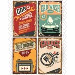 Retro Poster Prints Signs for Garage. Set Includes Four 11x17in Paper Funny Vintage Prints for an Auto Repair Service Shop or a Car Wash Garage. Great as Birthday Gifts for Men or College Posters