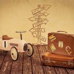 Laeacco 10x8ft Vintage Suitcases Mini Toy Car Signpost Drawing Grunge Wooden Floor Vinyl Photography Background Retro Nostalgia Style Backdrop Child Kids Baby Artistic Portrait Shoot Wallpaper