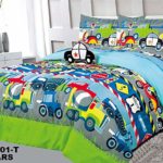 MB Home Collection Full Size 8 Pieces Printed Multicolor Construction Vehicles, Trucks, Police Car & Road Signs Comforter, Sheet Set with 1 Pillow Cushion Toy # 8 Pcs Cars