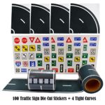 Fun Road Tape for Toy Cars, 2 Rolls of 33’x2.4”, Bonus 100 Die Cut Traffic Sign Stickers and 4 Curves, Perfect to Keep Your Kids Away from Screens, Develop Their Imagination and Memory, Play and Learn