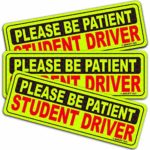 Anley Reflective Student Driver Magnetic Car Signs – Please Be Patient Student Driver – Yellow Large Bold Text Vehicle Safty Bumper Magnet for New Drivers or Beginner 10 inch – Set of 3
