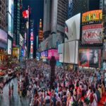 AOFOTO 5x3ft Times Square Background New York City Skyscraper Crowded People Night Billboard Street LED Signs Photography Backdrops Urban Buildings Photoshoot Studio Props Video Drape Wallpaper