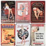 Juvale 6-Piece Tin Signs – Vintage Style Metal Signs As Wall Decor, Decorative Retro Coffee Bar Sign, Pin-up Girls, Sexy Car Garage Ladies, 11.8 x 8 Inches