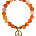 EvaDane Natural Carnelian Gemstone Rope Bead Peace Sign Charm Stretch Bracelet