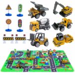 Construction Vehicles Toys with Play Mat, 6 Construction Cars, 6 Road Signs and 15.5″ x 23.5″ Playmat, Diecast Cars Play Sets, Toy Trucks, Perfect Engineering Cars Party Supplies