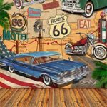GoEoo 5x7ft Vinyl Backdrop Photography Background Vintage Route 66 Poster Wall Hand Drawn Picture Motel Car Road Sign Weathered Wood Stripes Floor Backdrop Photographic Studio Props Children Baby