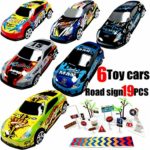 LUCK 18 Race Car Toys for Kids Baby/Boy, Girl Road Signs Mini Model Construction and Learn Have Fun Safely-Vehicles and Traffic Signs with 6 Cars and 19 Signs-Suitable for Kids from 3 to 10 Years Old