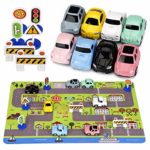 Car Toys with Play Mat, 8 Pull Back Cars, 6 Road Signs and 15.5″ x 23.5″ Playmat, Perfect Mini Diecast Cars Play Sets Party Favors, Cake Decorations, Topper