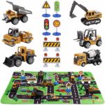 SunbriloStore Construction Vehicles Truck Toys with Playmat,Vehicles Toy Play Set with a Kid Play Car Rug,Engineering Vehicle Toys with 6 Trucks Construction Site, 6 Traffic Sign ,Road for Kids