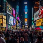 AOFOTO 5x3ft Times Square Background New York City Skyscraper Crowded People Night Billboard Street LED Signs Photography Backdrop Urban Buildings Photoshoot Studio Props Video Drape Wallpaper