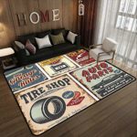 Outdoor Carpet?1950s Decor Collection,Vintage Car Metal Signs Automobile Advertising Repair Vehicle Garage Servicing Image,Burgundy 78.7″x 118″ Anti-Slip Outdoor Rugs