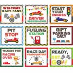 Blulu Racing Car Party Decorations, 10 – 11.8 Inch Laminated Racing Signs, Racing Themed Party Signs, Racing Cutouts with 40 Glue Point Dots (9 Pieces Racing Signs)