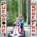 Race Car Banner Welcome Race Fan Decoration Set Checkered Flag Porch Sign Welcome Banner Race Fan Hanging Decoration for Indoor/Outdoor Race Car Party Birthday School Event Decoration