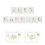 Andaz Press Shiny Gold Foil Paper Pennant Hanging Wedding Banner with Gold Party Signs, Just Married White, Pre-Strung, No Assembly Required, 1-Set