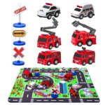 Fire Truck Toys with Play Mat, 6 Fire Engines, 3 Road Signs, 14″ x 18″ Fire Rescue Playmat, Fires Vehicle Set, Mini Pull Back Car toys