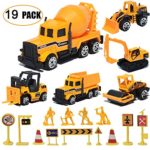 19 Pack Die-cast Engineering Vehicles Friction Powered Dumper,Bulldozers,Forklift,Tank Truck,Asphalt Car,Excavator,Engineering Worker,Construction Traffic Sign Set Toy for Kids Boys and Girls