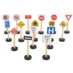 wonuu 15 Piece Wooden Street Signs Playset, Wood Traffic Signs Perfect for Car & Train Set Children’s Educational Toys